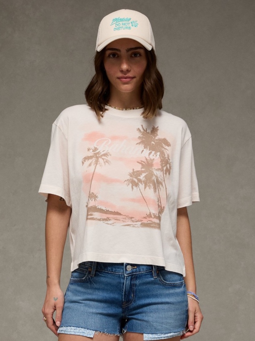 American Eagle Outfitters Cream Crop Tee with Pink Palm Graphic